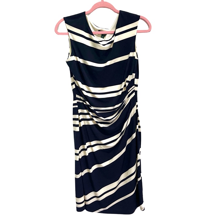 1200 Women’s Ralph Lauren Ruched Blue & Ivory Striped Dress Size 10